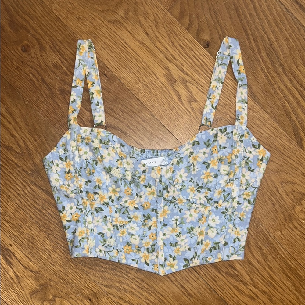 Altar’d State Blue and Yellow Floral Bustier Cropped Corset Top